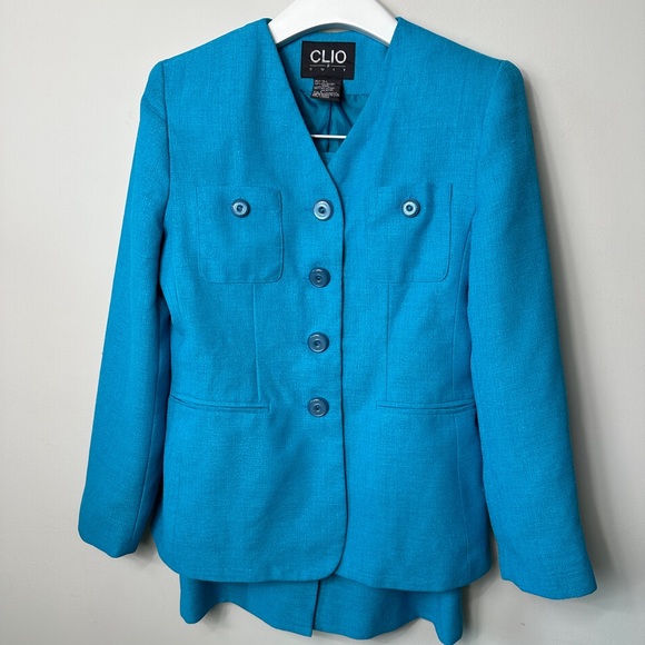 Vintage Azure Blue 2pc Blazer & Skirt Suit Size 6 - Picture 7 of 13
